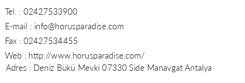 Horus Paradise Luxury Resort & Spa telefon numaralar, faks, e-mail, posta adresi ve iletiim bilgileri